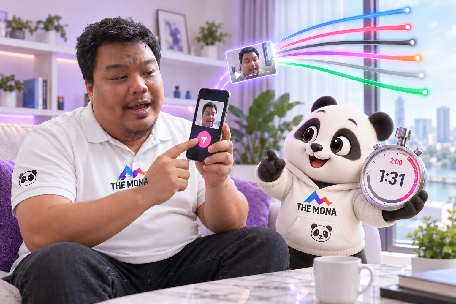 Hùng quay video 1 phút 31 giây rồi bấm gửi, gấu MONA giơ đồng hồ dưới vạch 2 phút
