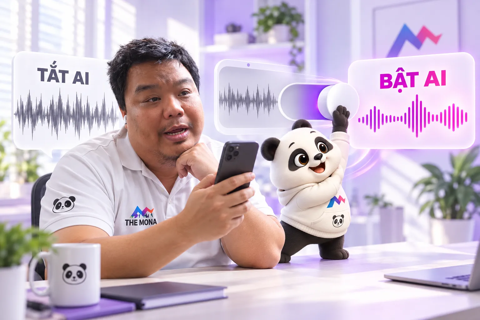 Tắt AI với bật AI: cùng một câu, sóng âm ồn xám và sóng giọng sạch màu hồng