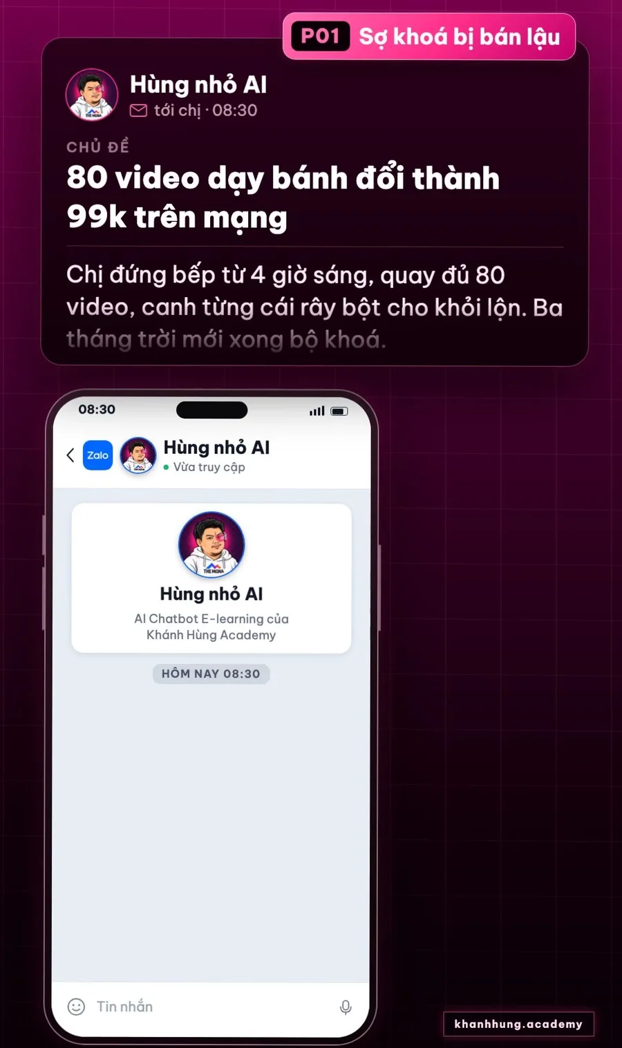 Thư email Hùng nhỏ AI gửi người P01 sợ khoá bị bán lậu: 80 video dạy bánh đổi thành 99k trên mạng