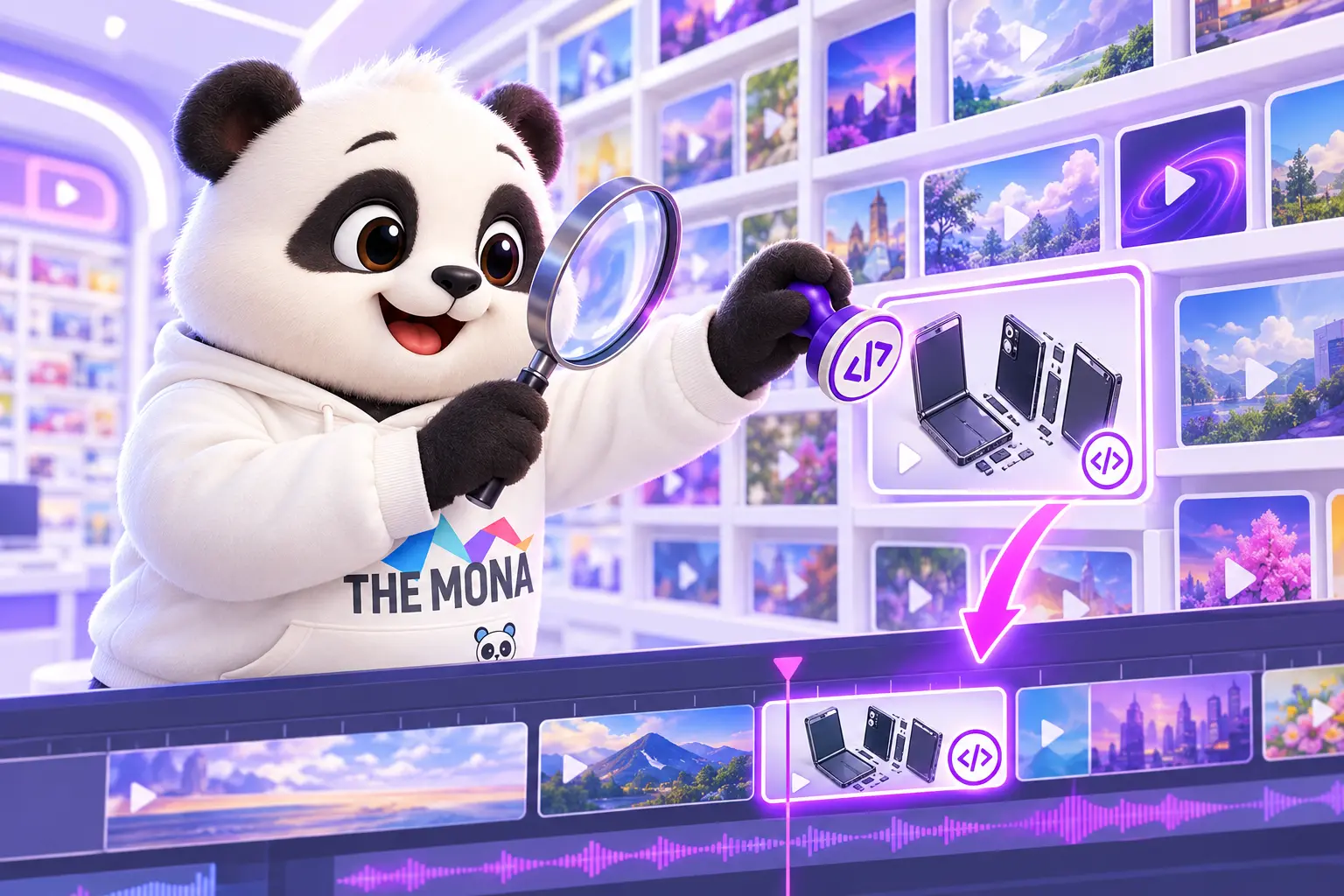 Gấu tìm cảnh minh hoạ trong thư viện clip và gắn tem ghi nguồn trước khi thả vào video
