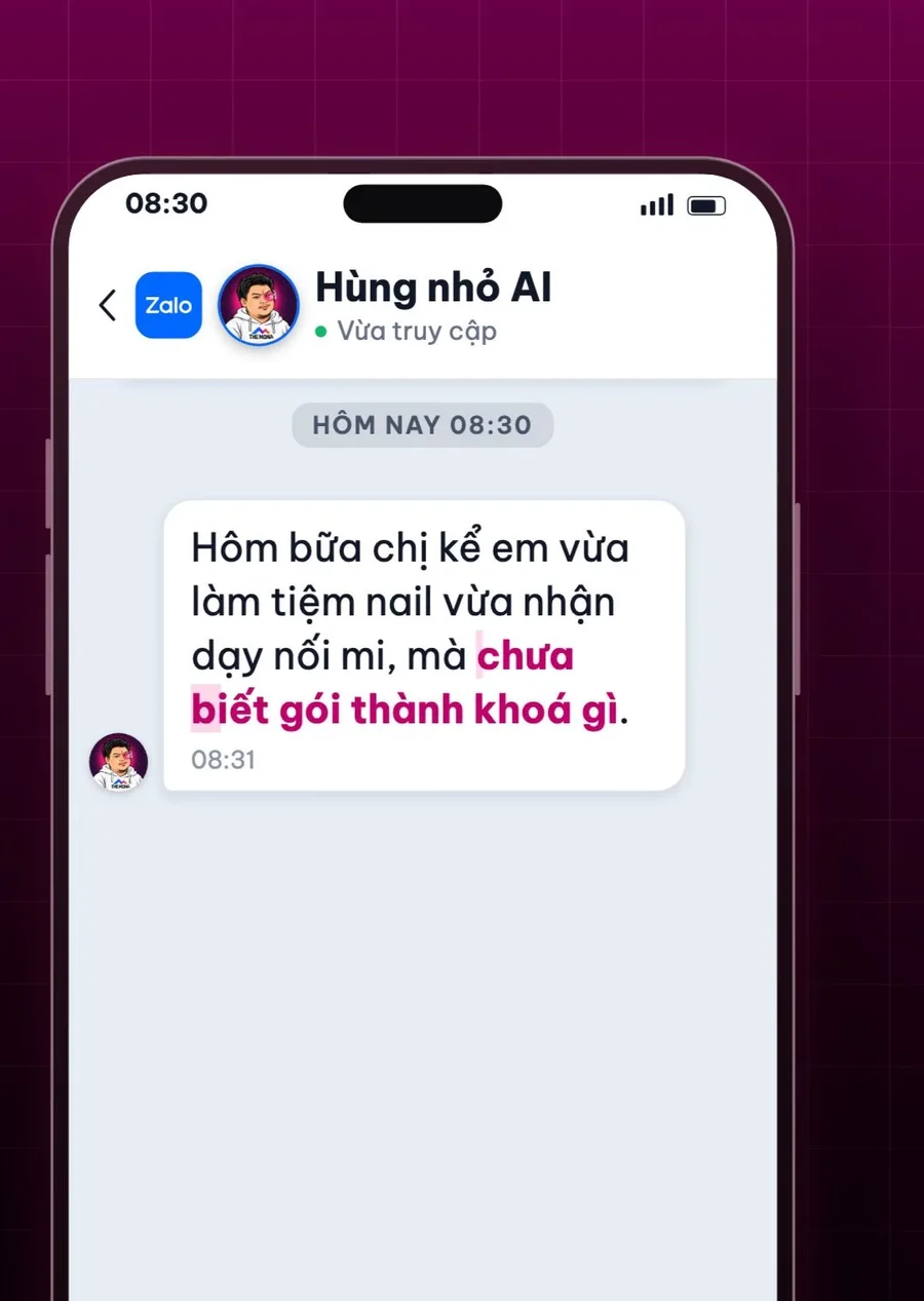 Tin Zalo Hùng nhỏ AI gửi người P14 kẹt ý tưởng: vừa làm tiệm nail vừa dạy nối mi, chưa biết gói thành khoá gì