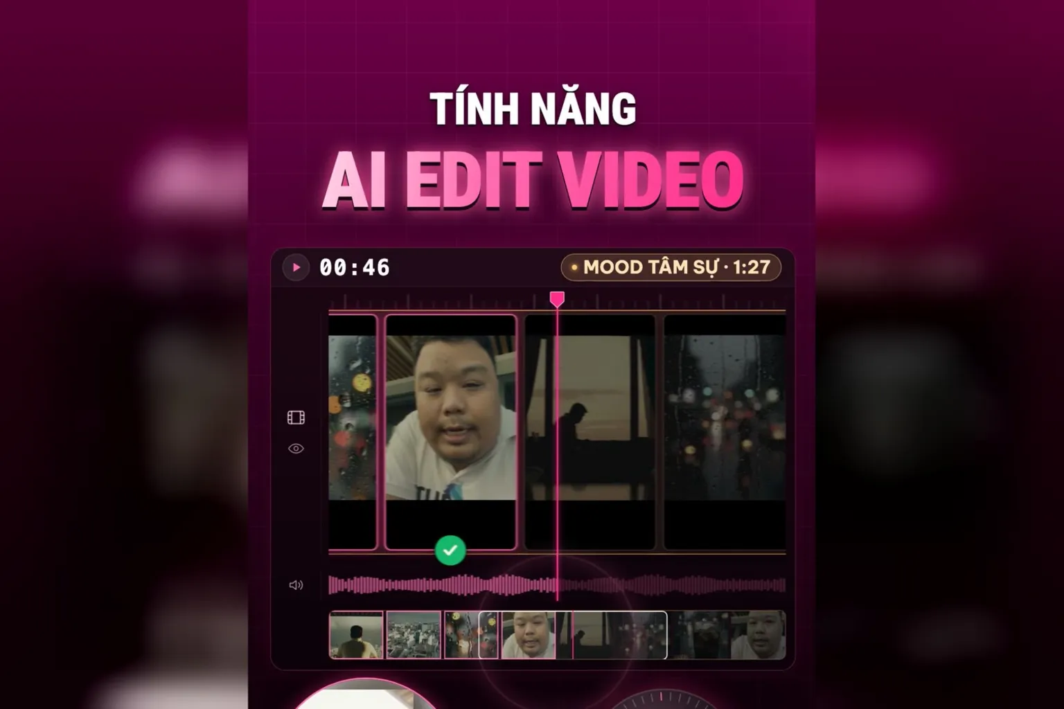 Tính năng AI edit video: thanh thời gian ghi MOOD TÂM SỰ, các khung cảnh mưa và mặt Hùng xếp trên timeline
