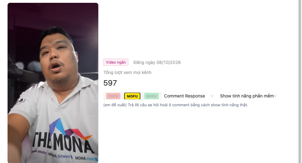 Khung chi tiết một video ngắn trong Trạm MXH: tổng lượt xem và tầng phễu MOFU
