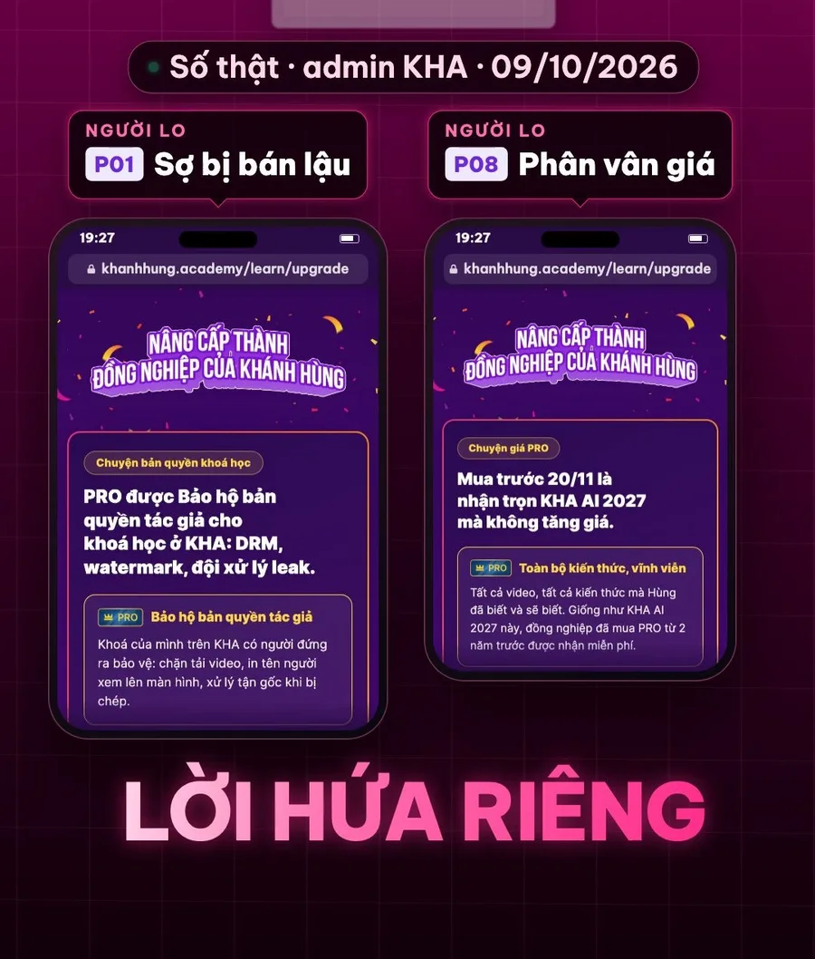 Cùng một trang nâng cấp, người P01 và người P08 thấy hai lời hứa riêng