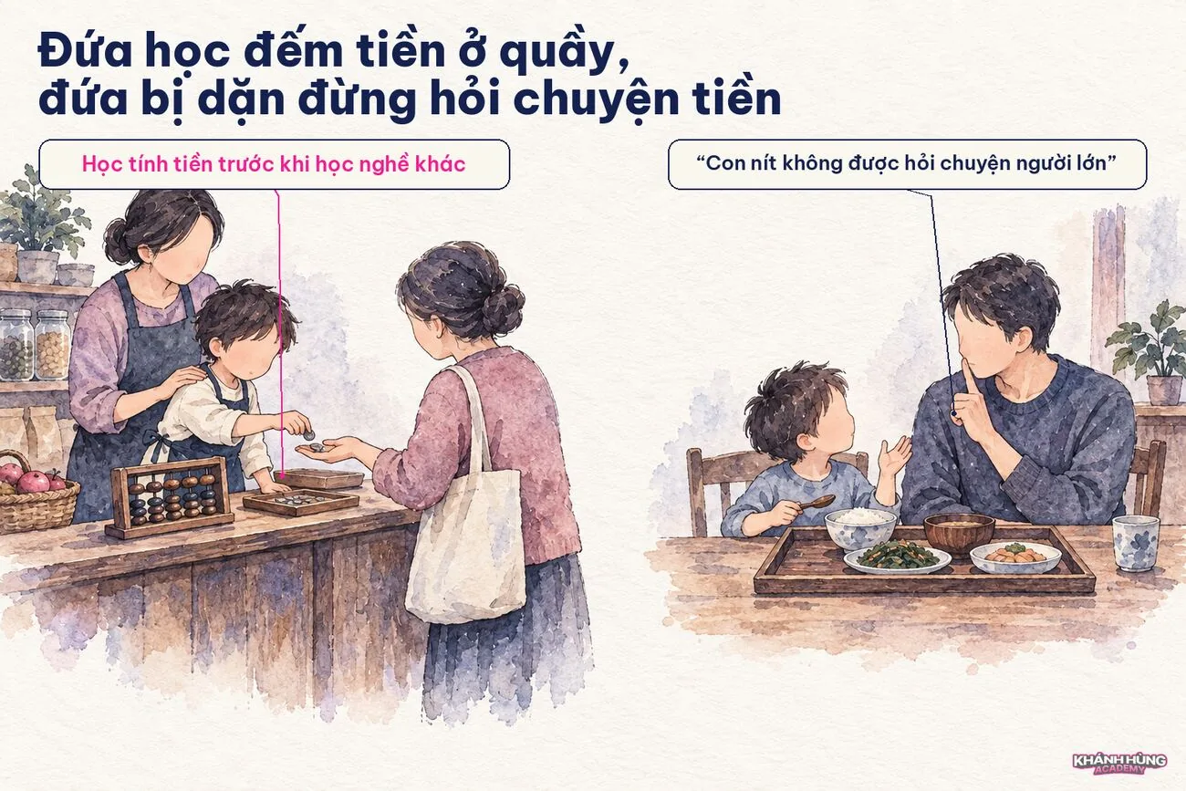 Trẻ học đếm tiền ở quầy và trẻ bị dặn đừng hỏi chuyện tiền