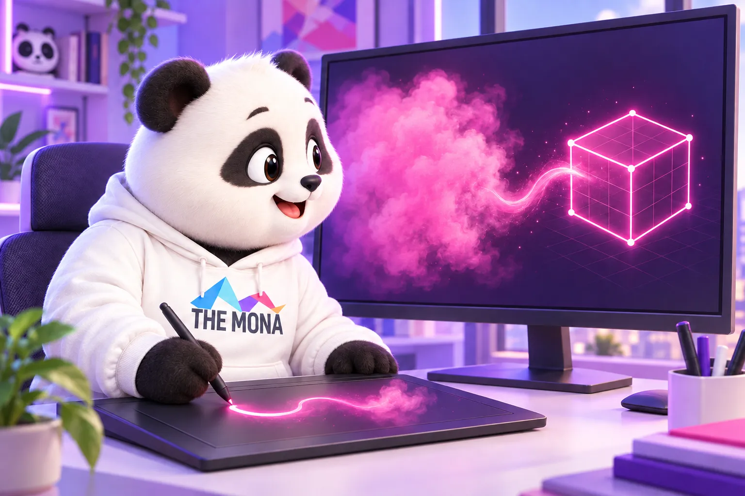 Gấu MONA kéo bút trên bảng vẽ, đám sương hồng mờ đục trên màn hình đông lại thành khối lập phương rõ nét